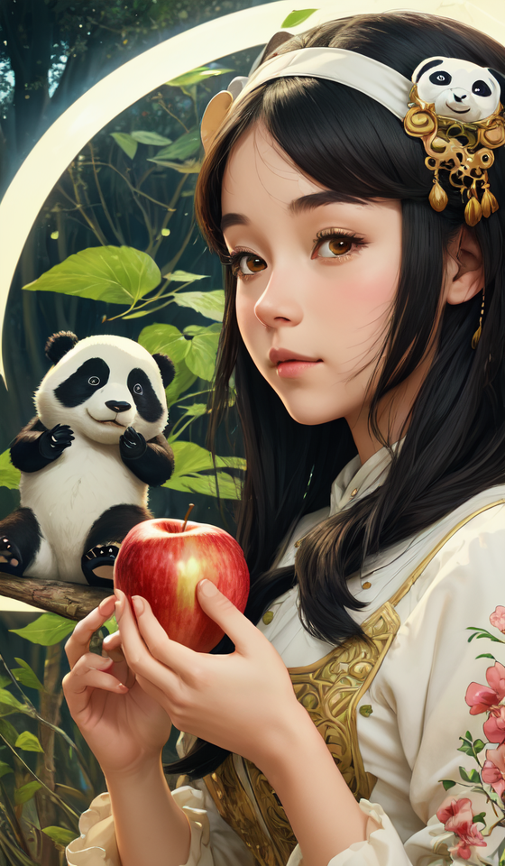 04863-3248712003-1girl giving apple to a large anthropomorphic panda, cinematic, elegant, intricate, 8 k, close up, in the style of studio ghibli.png